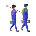 House painters flat vector illustration. Repairman, workmen carrying buckets and paint roller cartoon characters