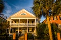 House and palm tree along Murray Drive in Charleston, South Carolina. Royalty Free Stock Photo