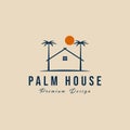 house with palm tree logo vector, sun tropical beach icon design illustration. Royalty Free Stock Photo