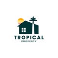 House with palm tree and sun logo vector, tropical beach home or hotel icon design Royalty Free Stock Photo