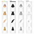 A house in the palms, a toy of a bear, a charity handshake, a bag of money. Charity and donation set collection icons in