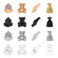 A house in the palms, a toy of a bear, a charity handshake, a bag of money. Charity and donation set collection icons in