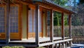 House with panoramic windows and a veranda in a traditional Japanese style. The tea house is located in the Japanese Royalty Free Stock Photo
