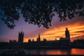 House of parliament and Big Ben in summer evening, colorful orange sky. Symbol of London, Britain, UK