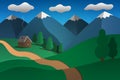 House and path. Picturesque mountain valley. Vignetting. Green hills and deciduous forest. Blue skies, cloudy. Vector illustration