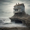 A house perched precariously on a cliff caused by coastal erosion.