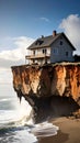 House perched precariously on eroding cliff face overlooking ocean waves Royalty Free Stock Photo