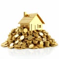 House on pile of gold coins isolated on white background. illustration Royalty Free Stock Photo