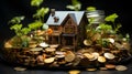 House on a pile of gold coins and money on the table, finance concept credit