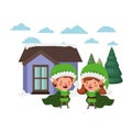 House with pine trees and couple of elves