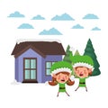 House with pine trees and couple of elves