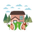 House with pine trees and couple of elves