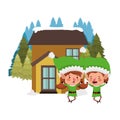 House with pine trees and couple of elves