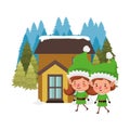 House with pine trees and couple of elves