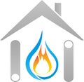 House, pipes, flame and drops, plumbers and craftsmen logo