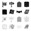 House plan, documents for signing, handshake, terrain plan. Realtor set collection icons in black,outline style vector