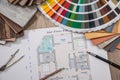House plan with palette of colors and wooden sampler Royalty Free Stock Photo