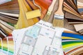 House plan with samples and painting tools Royalty Free Stock Photo