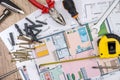 House plan with working tools. Royalty Free Stock Photo