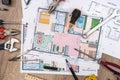 House plan with working tools. Royalty Free Stock Photo