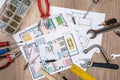 House plan with working tools. Royalty Free Stock Photo