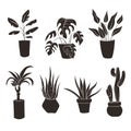 House plant flat set. Silhouettes collection of decor house indoor, garden plants. Black and white home plants in flower Royalty Free Stock Photo