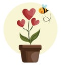 House plant with hearts in stead of flowers grren leafs and flying bee vector illustration