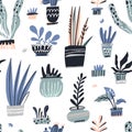 House plants hand drawn color vector seamless pattern Royalty Free Stock Photo