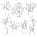 House plants line art style in pots, office flowers. Outline icon set of monstera, cactus, banana tree, succulent Royalty Free Stock Photo