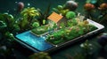 A house with plants and trees emerging from the smartphone screen. Ecology concept. Digital smart farming concept Royalty Free Stock Photo