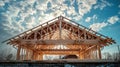 A house in the process of being built, with workers constructing the roof under a cloudy blue sky. The scene captures Royalty Free Stock Photo