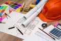 House project with building helmet, colour palette and drawing tools Royalty Free Stock Photo