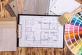 House project with different design tools on table Royalty Free Stock Photo