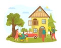 House property purchase or rent home for family vector illustration. Woman man character near new real estate cartoon Royalty Free Stock Photo