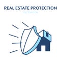 House protection icon. Vector illustration of a residential building protected by a shield. Represents concept of safe house, home Royalty Free Stock Photo