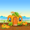 Pumpkin house stands on a pumpkin field