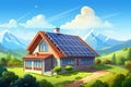 House in a quiet countryside with solar panels on the roof. Mountain landscape in the background. The concept of safe Royalty Free Stock Photo