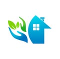 House real estate logo template. Home with hands and green leaf Royalty Free Stock Photo