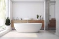 corner wood house bathtub luxury white home modern bathroom architecture interior. Generative AI. Royalty Free Stock Photo