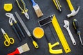 House renovation with implements set for building, painting and repair black table background top view pattern Royalty Free Stock Photo