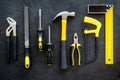 House renovation with implements set for building, painting and repair black table background top view pattern Royalty Free Stock Photo