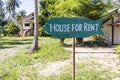 House for rent real estate sign in front of tropical house in island Koh Phangan, Thailand Royalty Free Stock Photo