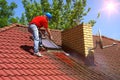 House roof cleaning with pressure tool Royalty Free Stock Photo