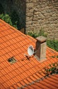 House roof with parabolic antenna stuck in a chimney