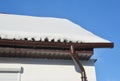 House roof rain gutter in winter, covered ice and snow