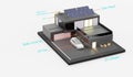 House roof with solar panels Smart home power system solar cells energy saving homes solar energy 3d illustration