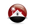 House roof windows palm tree and bird on beach on glossy sphere Royalty Free Stock Photo