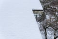 House rooftop covered in fresh snow, roof edge, trees in yard