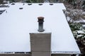 House rooftop covered in snow, rusty chimney vent, roof vents, wood siding Royalty Free Stock Photo