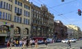 House of Ruehl, Nevsky Prospect of Saint Petersburg. Crowd crossing the street.